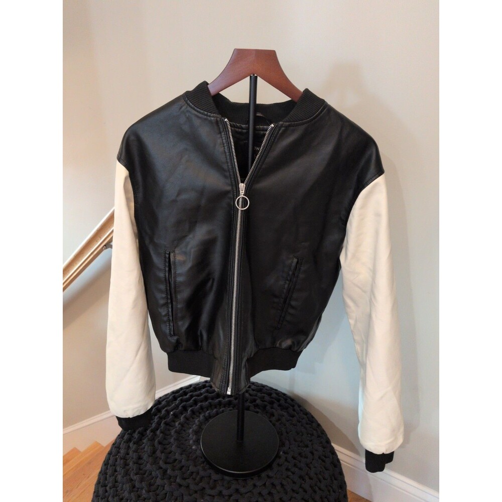 New Look Faux Leather Varsity Bomber Jacket M Black White Ring Zip Brooklyn